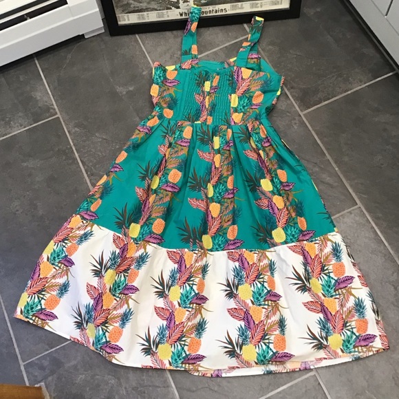 1901 MIdi Tropical Pineapple Sundress with Pockets Sleeveless ALine Teal Dress - Picture 14 of 16